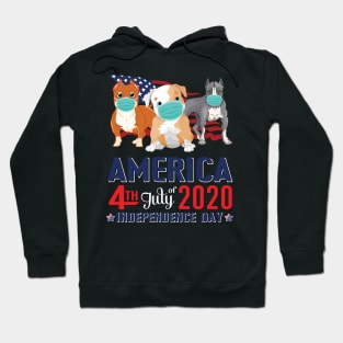 Pitbull Dogs With US Flag And Face Masks Happy America 4th July Of 2020 Independence Day Hoodie